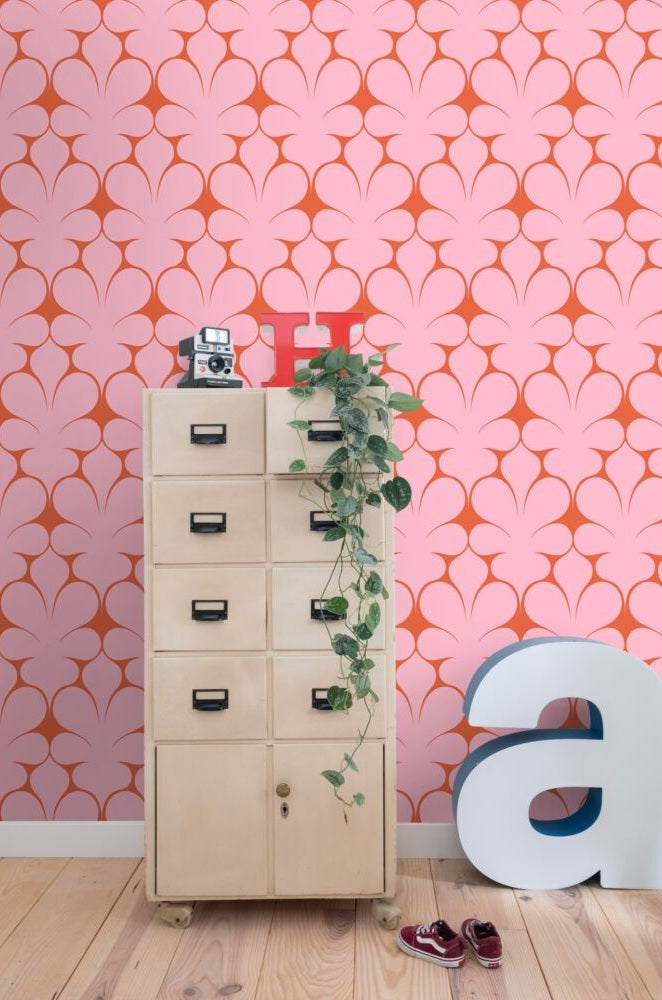 ESTAhome Retro Ornamenten behang voor meisjeskamer en tienerkamer voor retrolook roze rood 131564