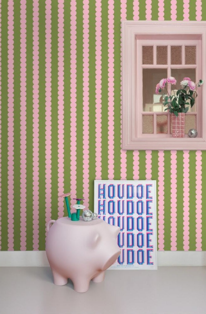 ESTAhome grafische strepen behang voor de kinderkamer meisjeskamer tienerkamer roze en groen 131749