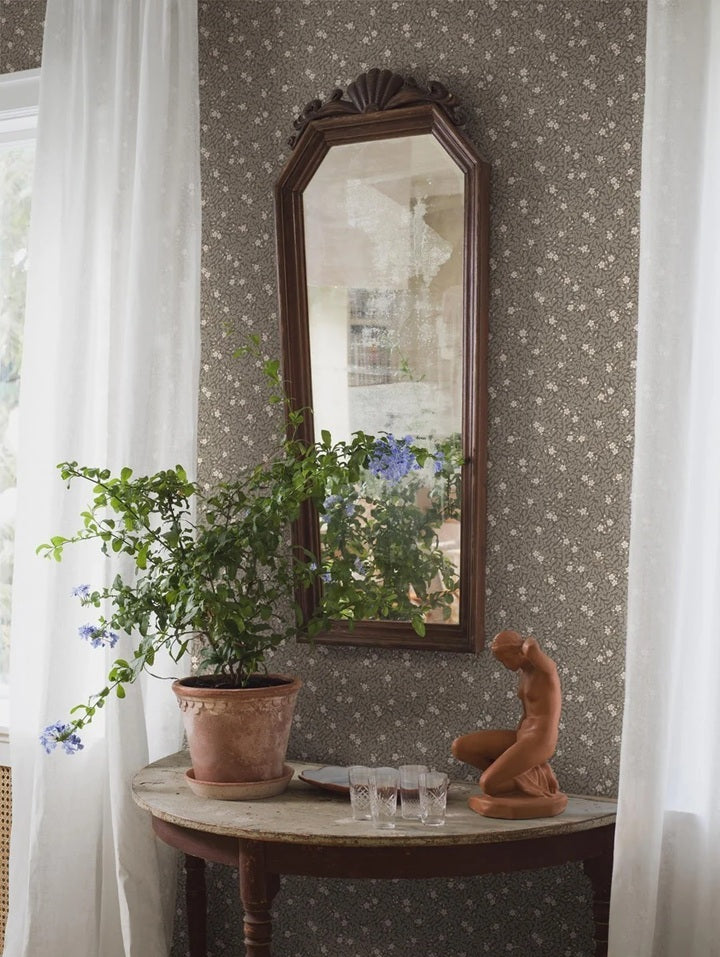Myrten Borastapeter bloemen behang voor de meisjeskamer en babykamer groen donkergroen 5715
