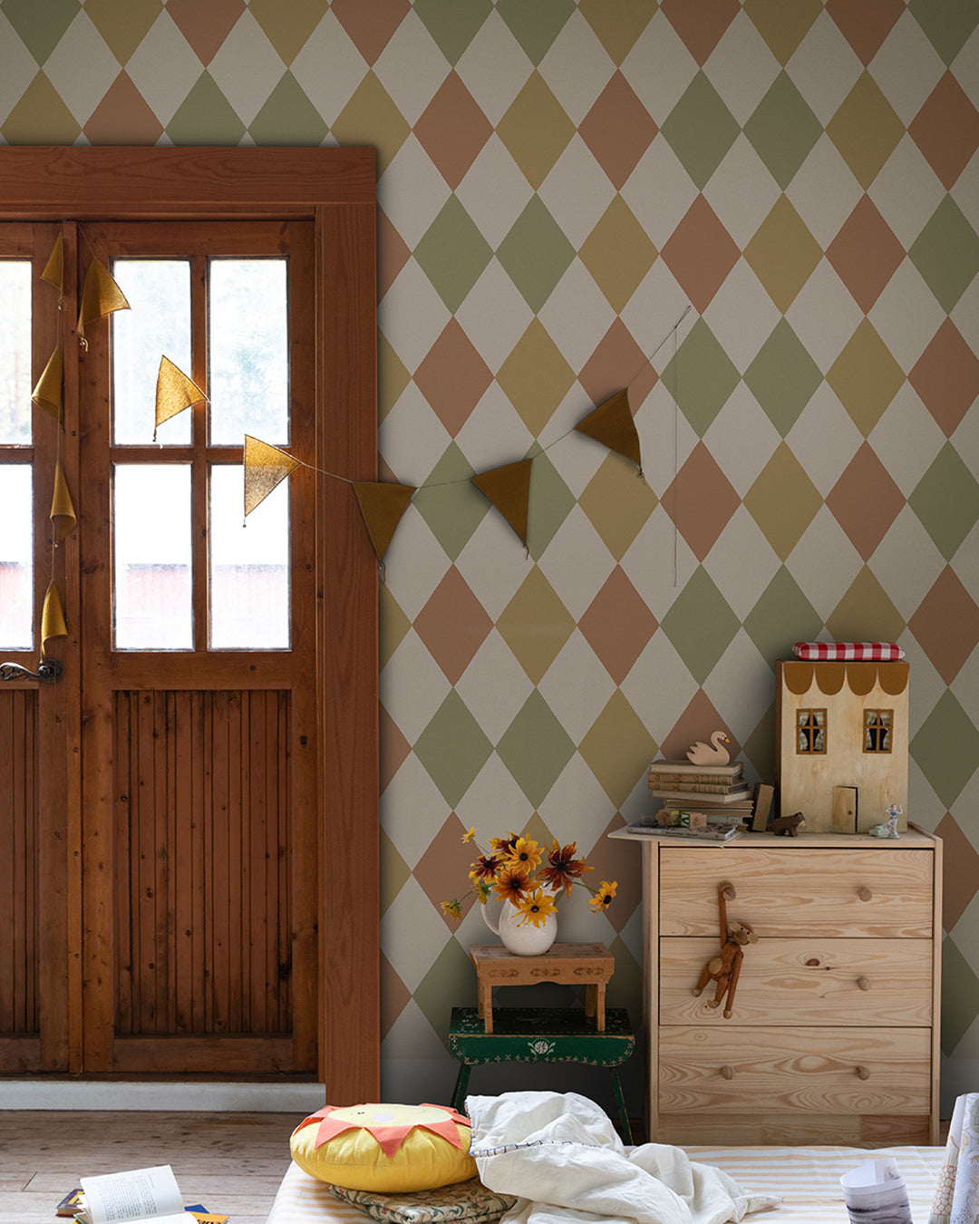 Midbec Kalas harlekijn ruiten behang voor jongenskamer en meisjeskamer en babykamer multi kleur