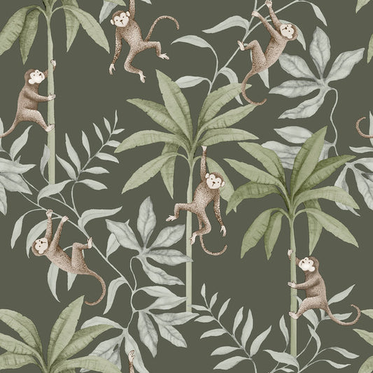 Borastapeter Jungle aapjes behang voor de kinderkamer donkergroen 6935