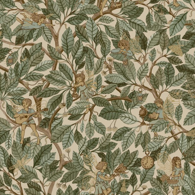 Borastapeter Fairies elfen behang voor meisjeskamer en babykamer Fairyland beige groen 8141