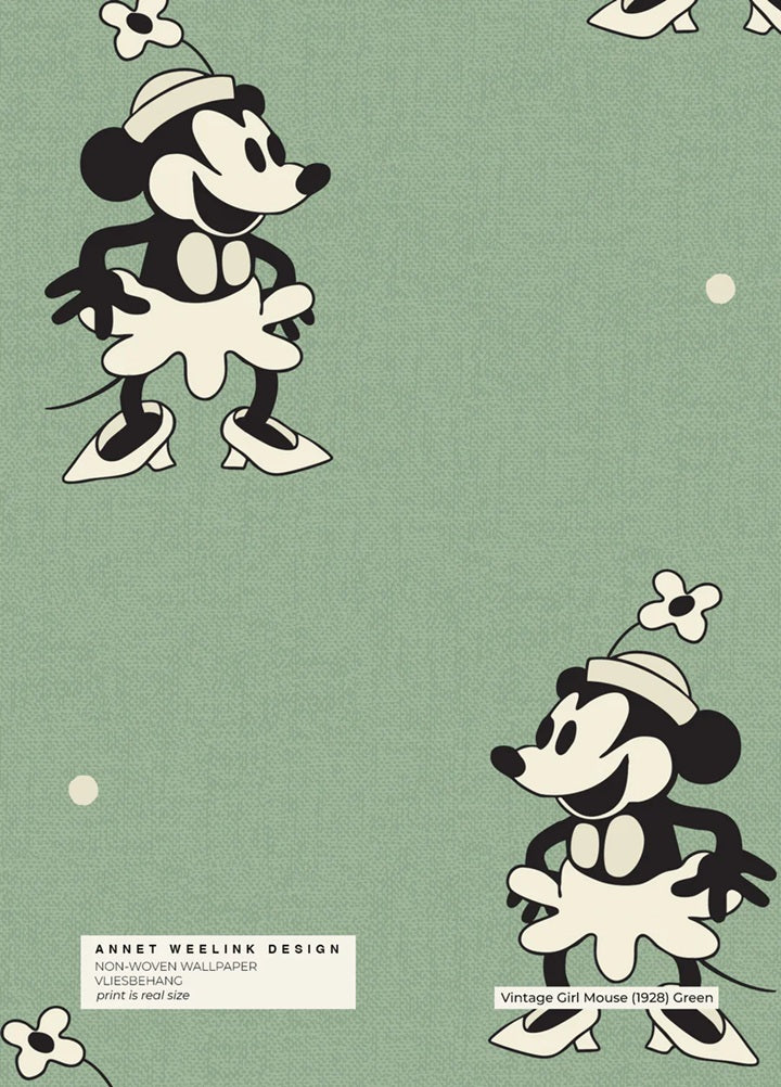 Annet Weelink Vintage cartoon kinderbehang voor meisjeskamer mini mouse groen