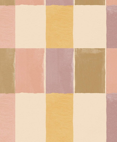 Checkmate kleurrijk geblokt behang in de kleuren roze, paars, geel en bruin voor meisjeskamer en tienerkamer van Creative Lab Amsterdam.