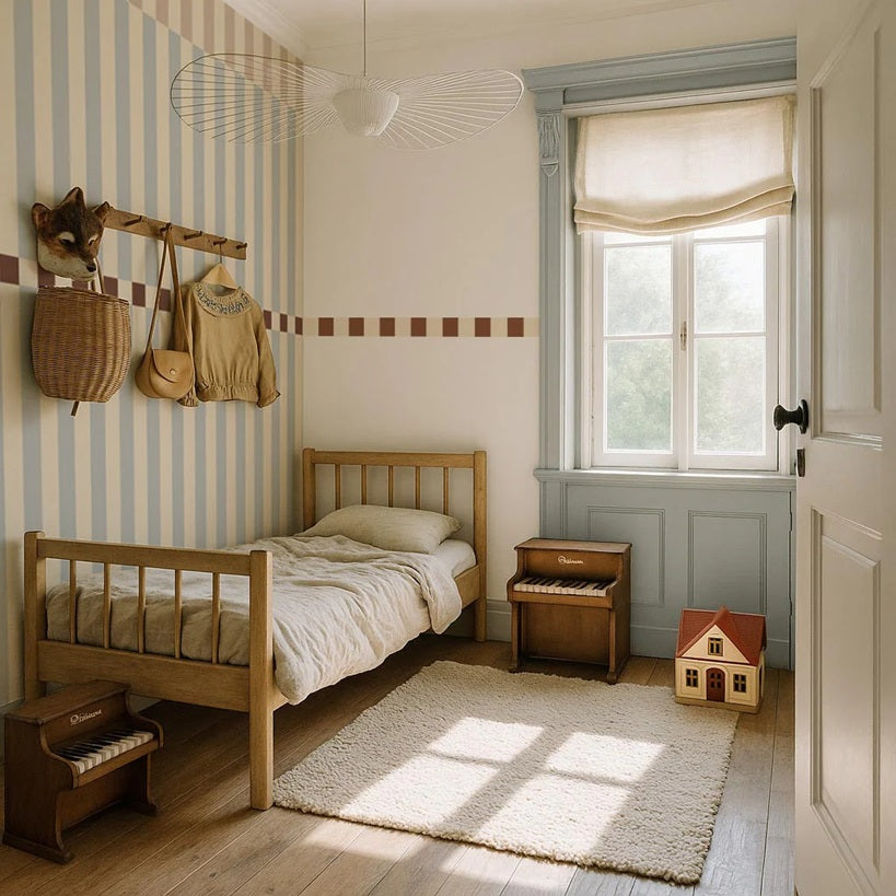 Dekornik gestreept behang voor de jongenskamer beige blauw nostalgia