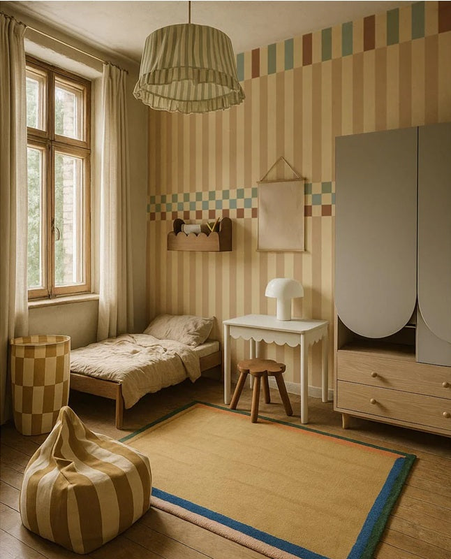 Dekornik Nostalgia gestreept behang voor de kinderkamer jongenskamer neutrale kinderkamer. beige blauw groen bruin
