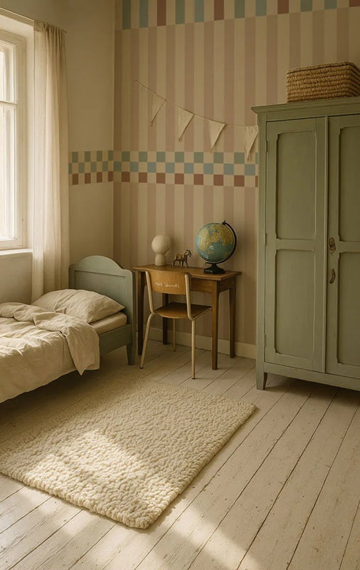 Dekornik Nostalgia gestreept behang voor de kinderkamer jongenskamer neutrale kinderkamer. beige blauw groen bruin