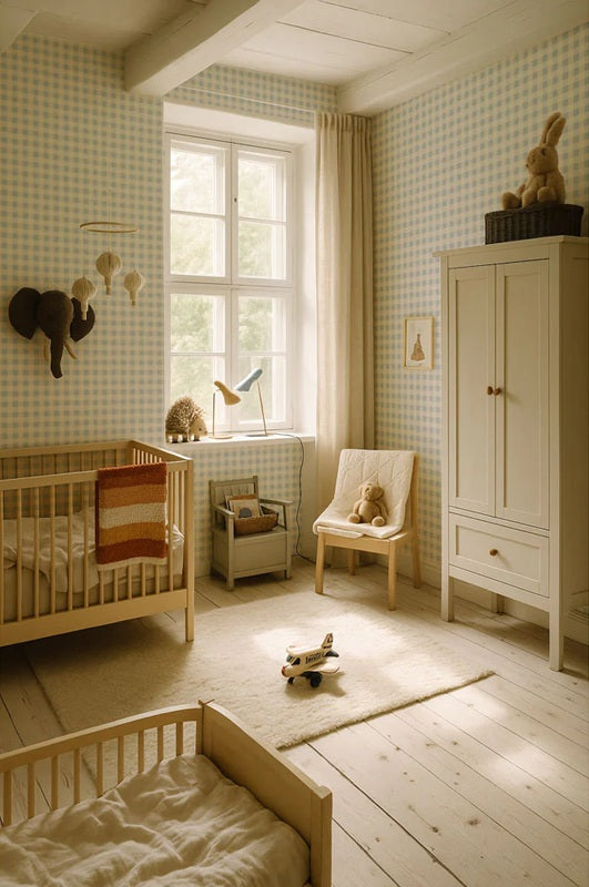 Dekornik geruit behang kinderkamer jongenskamer meisjeskamer babykamer neutrale kinderkamer blauw creme