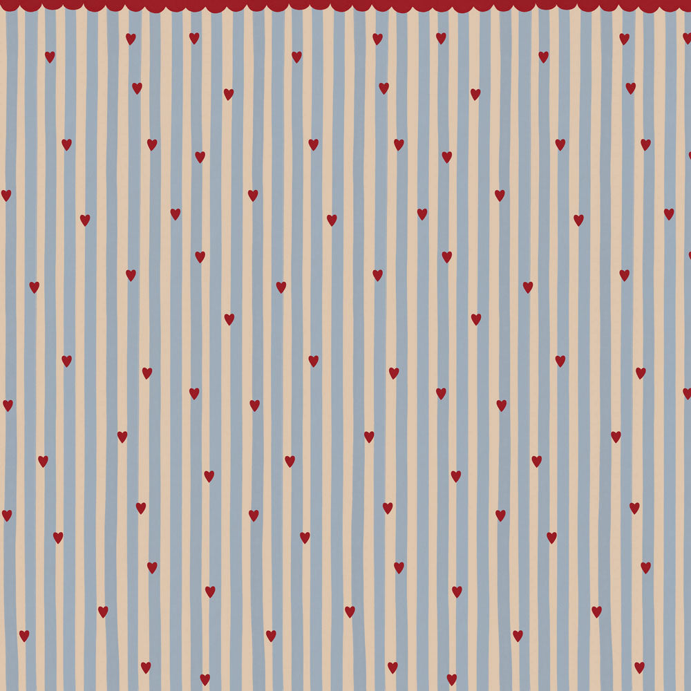 Dekornik French Hearts Stripes lichtblauw strepen behang met rode hartjes voor meisjeskamer
