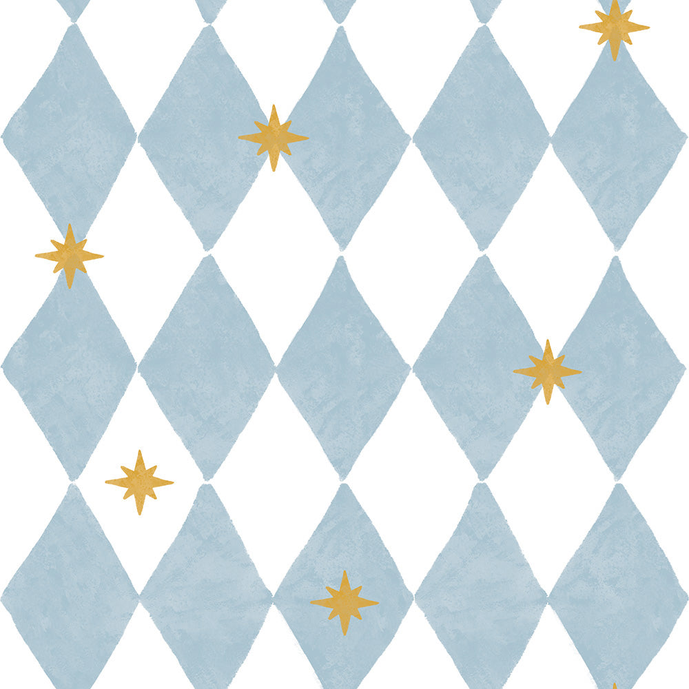 Dekornik French Diamonds with stars geruit behang met sterren meisjeskamer lichtblauw