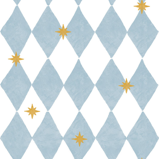 Dekornik French Diamonds with stars geruit behang met sterren meisjeskamer lichtblauw