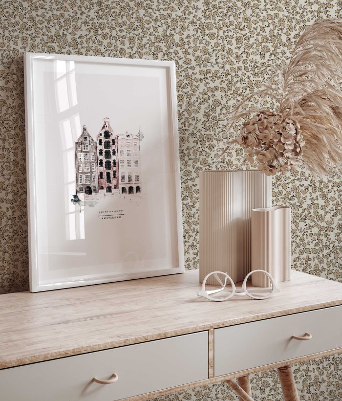 Bloemen behang voor de kinderkamer Ditsy Daisy Annet Weelink oker geel