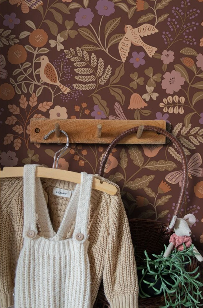 ESTAhome bloemen en vogels behang meisjeskamer babykamer groen bruin paars 131467
