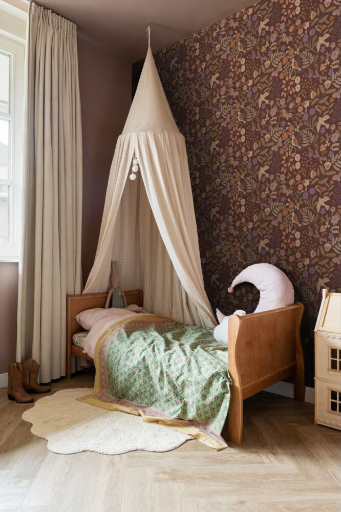 ESTAhome bloemen en vogels behang meisjeskamer babykamer groen bruin paars 131467