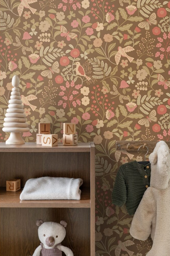ESTAhome bloemen en vogels behang meisjeskamer babykamer bruin roze  131468