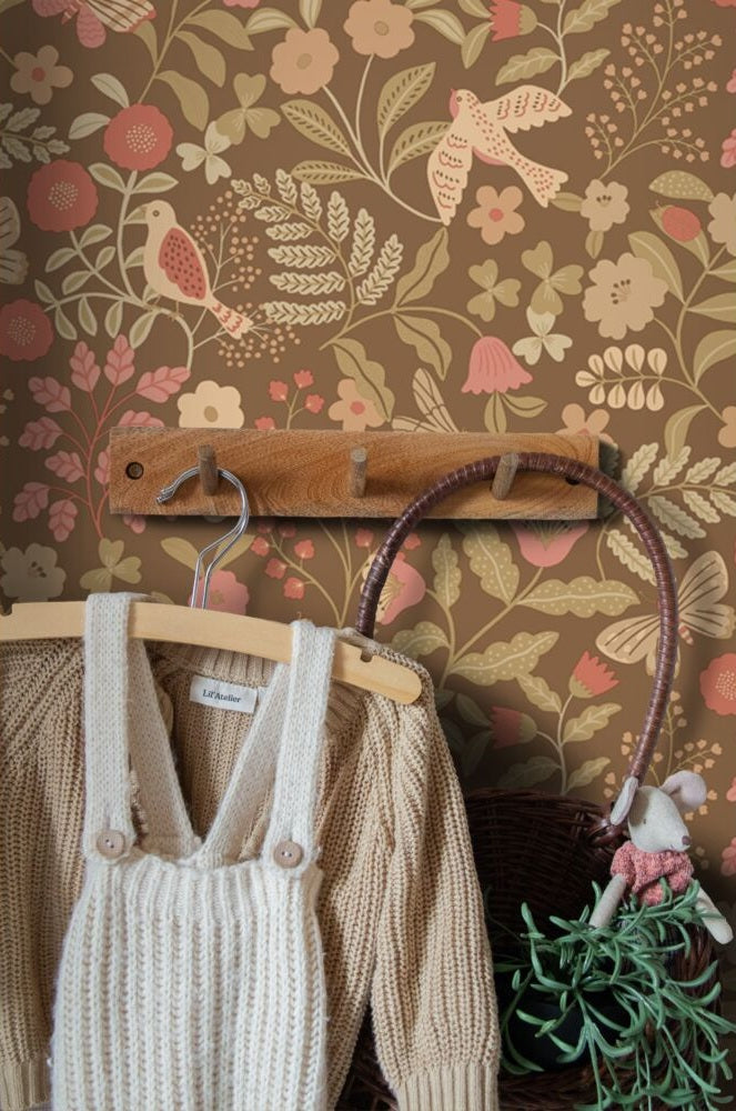 ESTAhome bloemen en vogels behang meisjeskamer babykamer bruin roze  131468