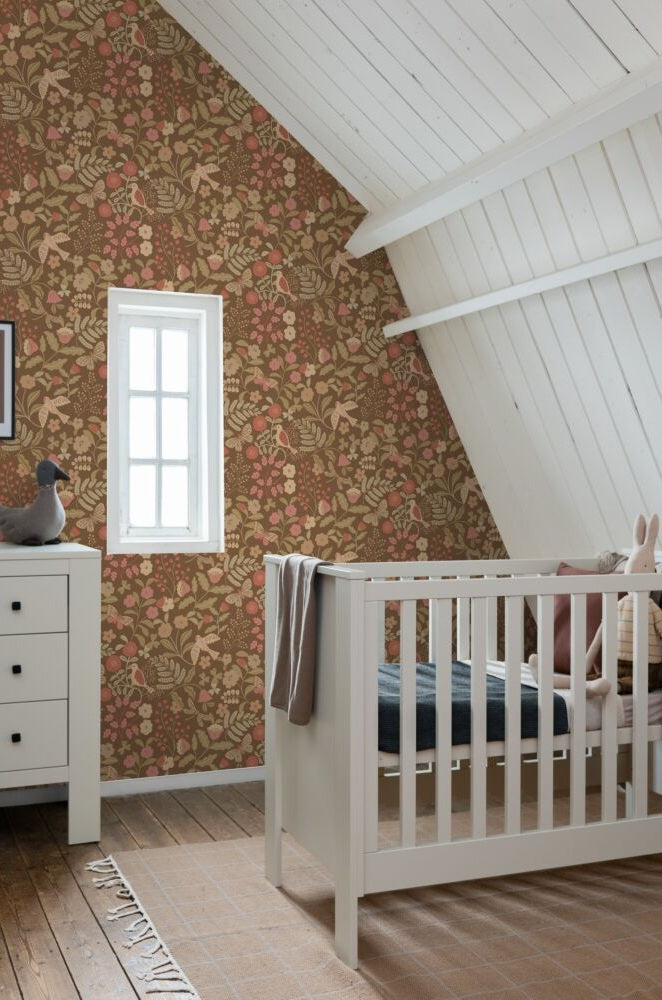 ESTAhome bloemen en vogels behang meisjeskamer babykamer bruin roze  131468