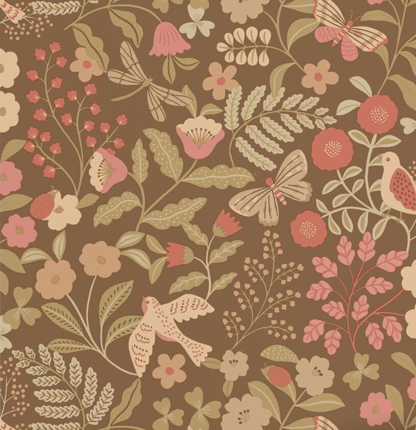 ESTAhome bloemen en vogels behang meisjeskamer babykamer bruin roze  131468