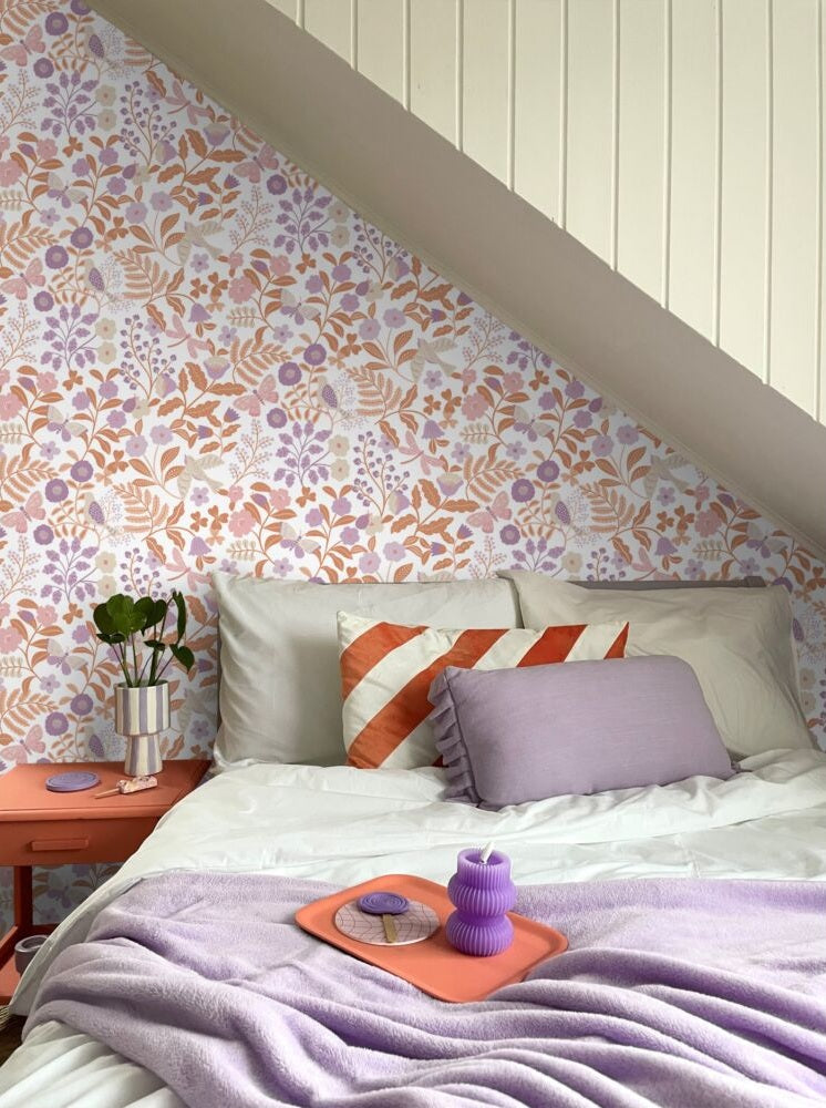 ESTAhome bloemen en vogels behang voor de kinderkamer lila paar terra 131392