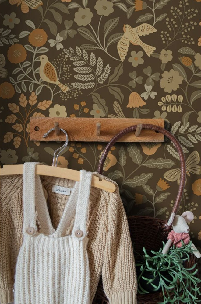 ESTAhome bloemen en vogels behang meisjeskamer babykamer groen bruin oker  131466