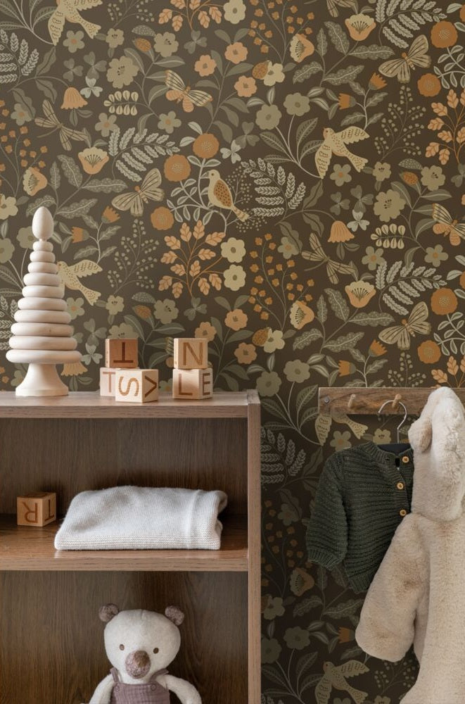 ESTAhome bloemen en vogels behang meisjeskamer babykamer groen bruin oker  131466