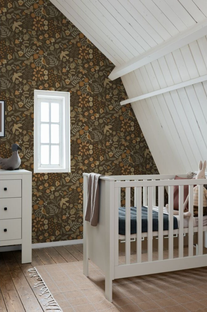 ESTAhome bloemen en vogels behang meisjeskamer babykamer groen bruin oker  131466