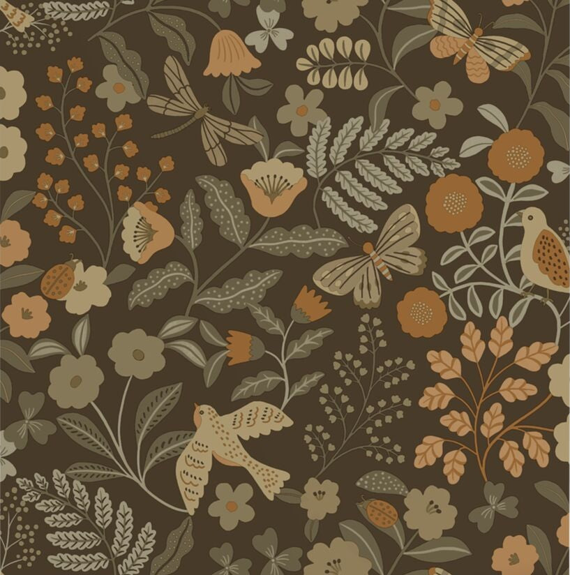 ESTAhome bloemen en vogels behang meisjeskamer babykamer groen bruin oker  131466