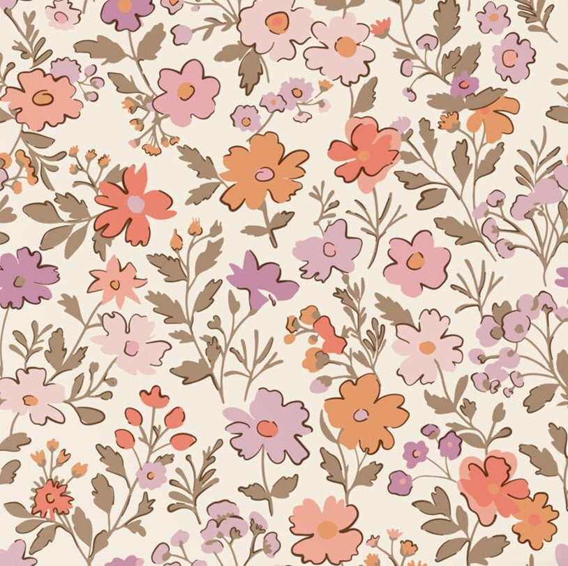 ESTAhome bloemenbehang voor de meisjeskamer en babykamer paars oranje wit 131327