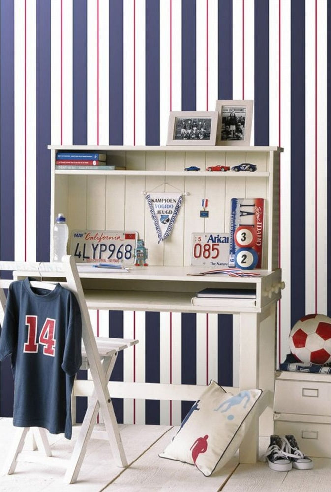ESTAhome strepen behang voor meisjeskamer en tienerkamer blauw rood 136415