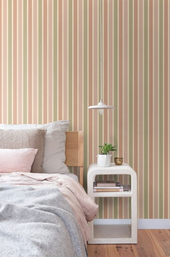 ESTAhome strepen behang voor meisjeskamer en tienerkamer terra roze groen 131506