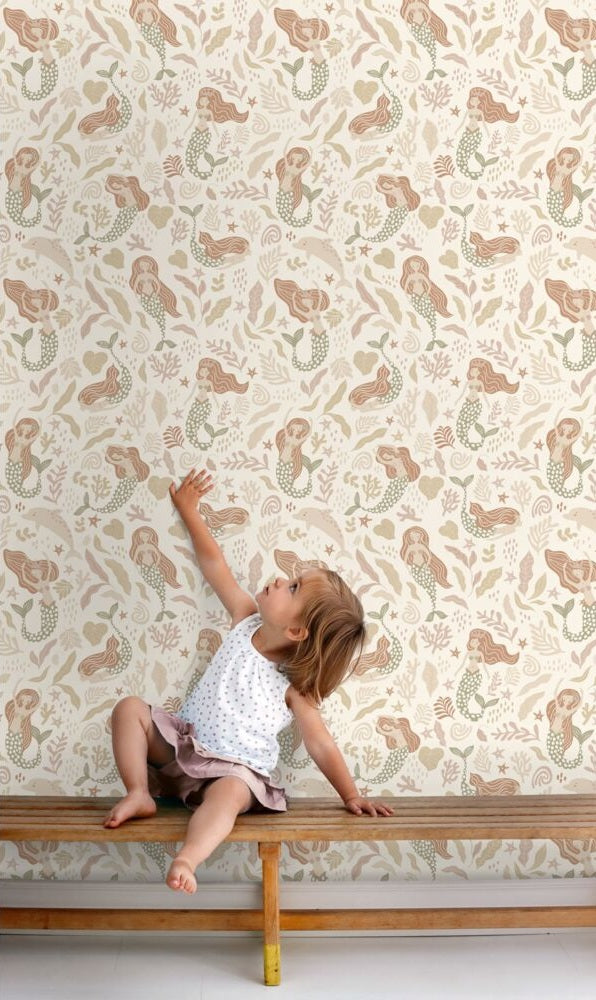 Zeemeerminnen behang ESTAhome voor de meisjeskamer beige 131498
