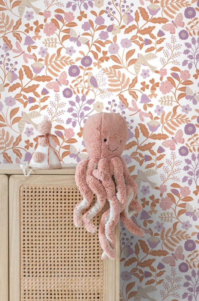 ESTAhome bloemen en vogels behang voor de kinderkamer lila paar terra 131392