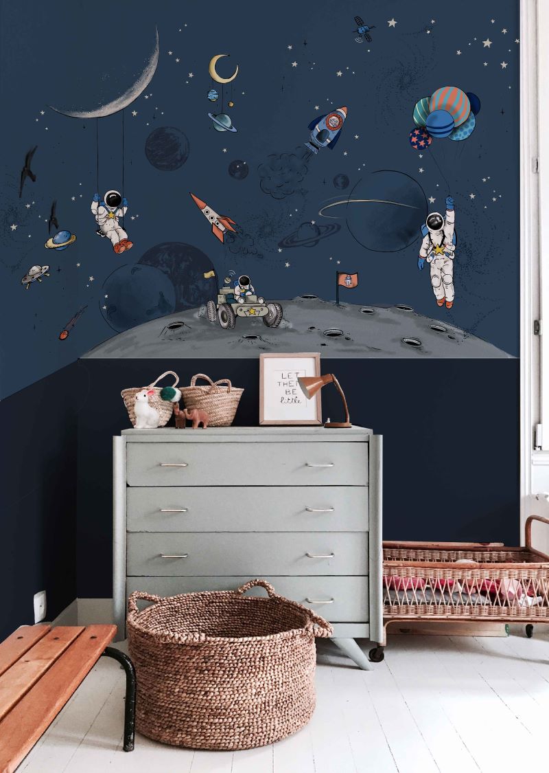 Ruimte behang voor de kinderkamer into the galaxy van annet weelink