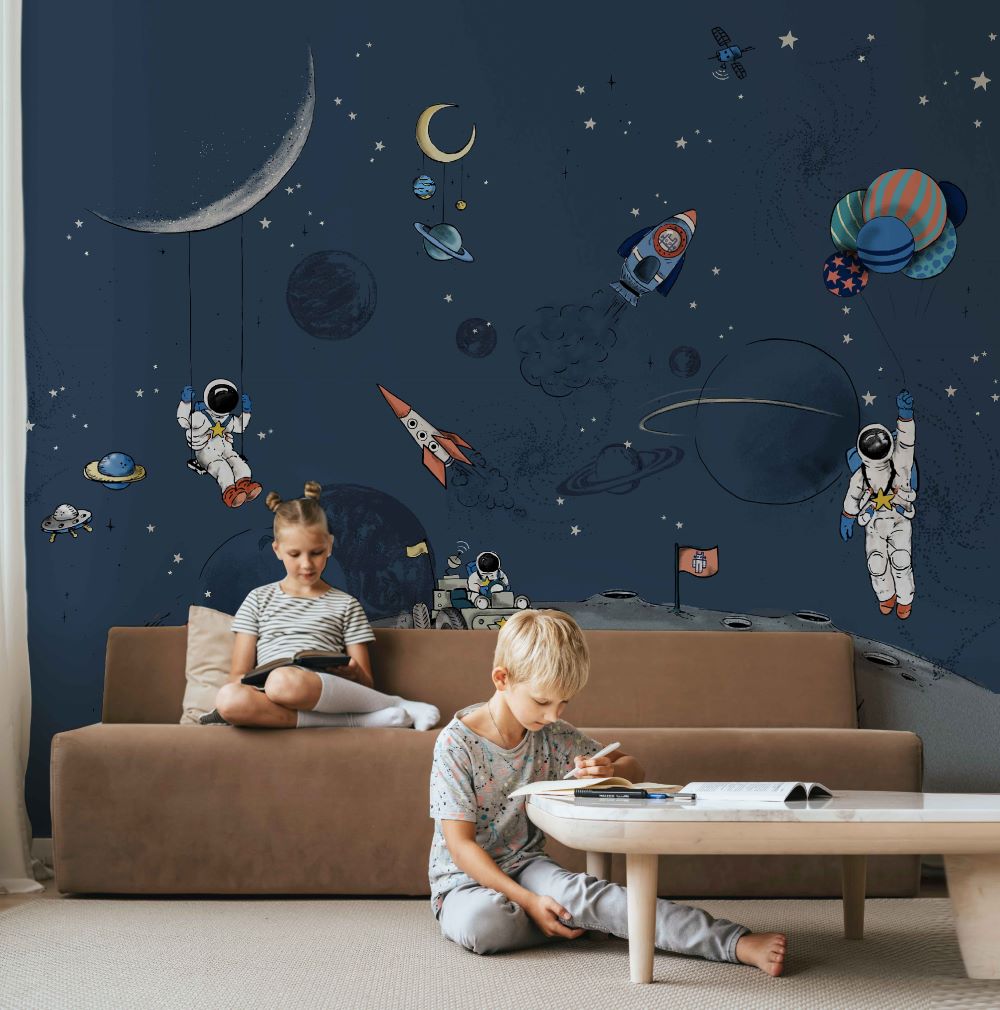 Ruimte behang voor de kinderkamer into the galaxy van annet weelink