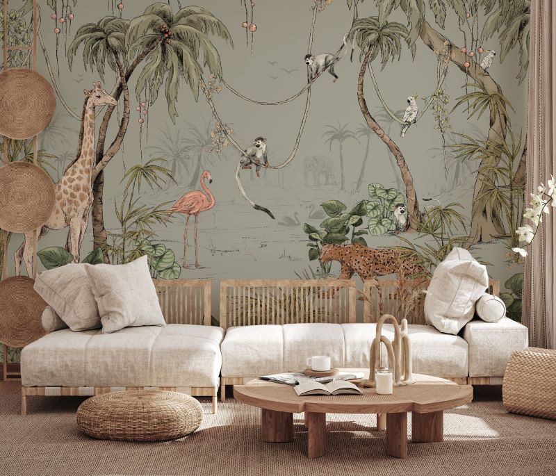 Annet Weelink Jungle behang voor de kinderkamer dusty mint