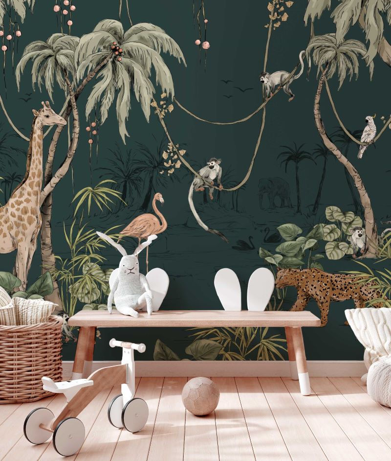 Annet Weelink Jungle behang jungle jazz voor de kinderkamer dark teal