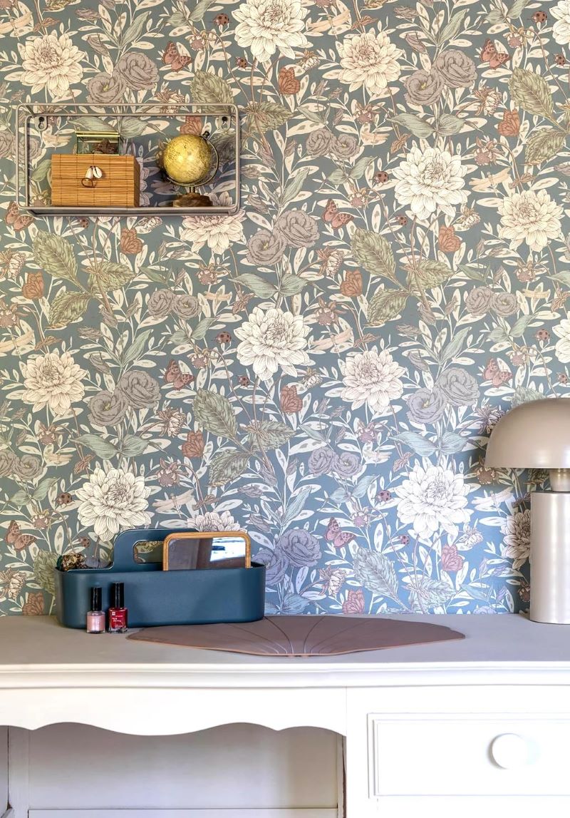 Little Amour Floral Spring bloemenbehang voor de kinderkamer blauw