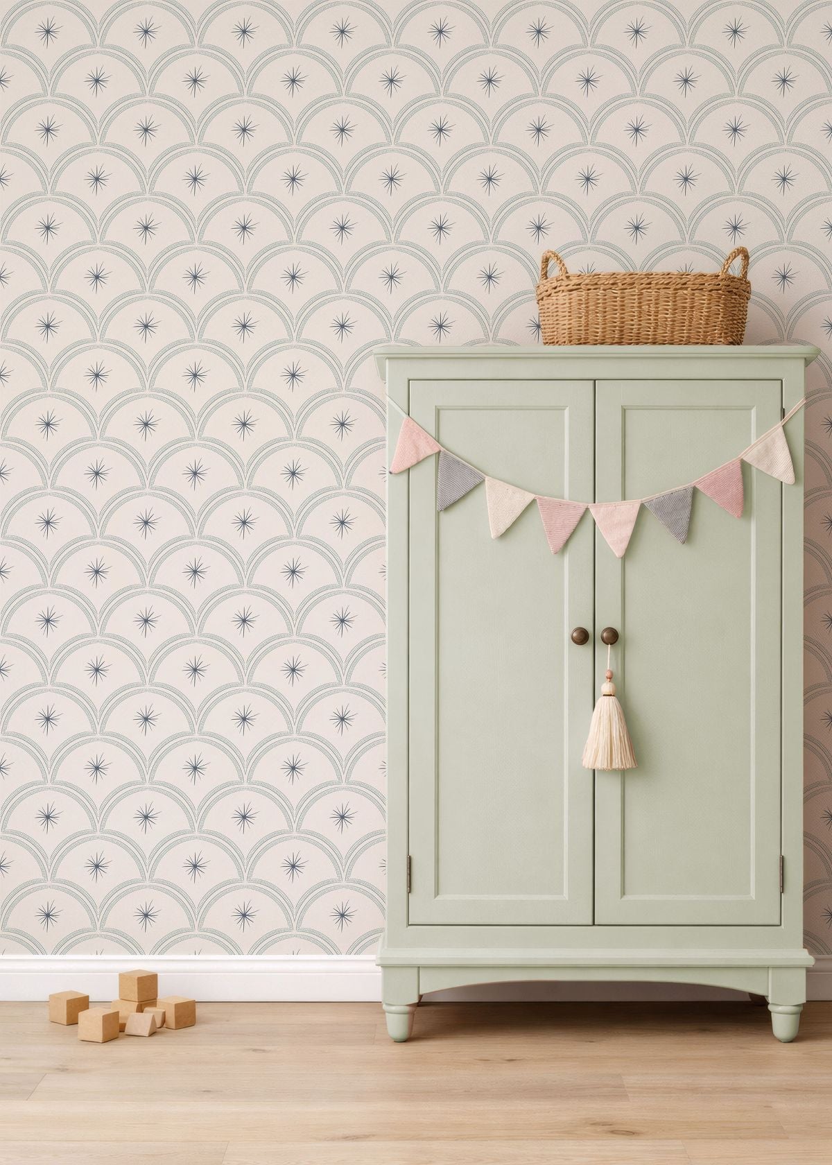 Little Amour Magic Arches boogjes behang voor babykamer neutrale kinderkamer meisjeskamer blauw