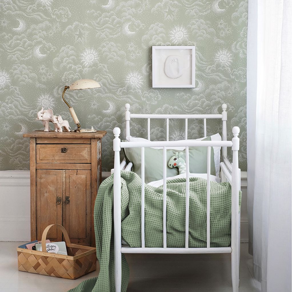 Littlephant Happy Cloud kinderbehang babykamer kinderkamer neutraal groen sage