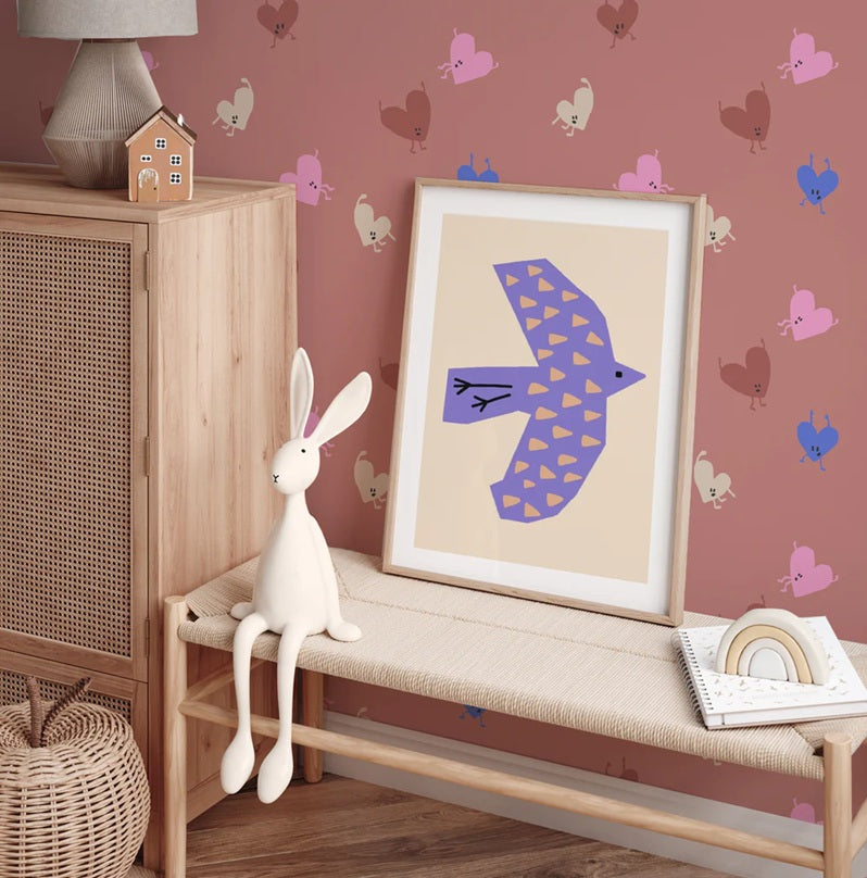 Annet Weelink Kinderbehang voor de kinderkamer met hartjes en smileys soft terra meisjeskamer