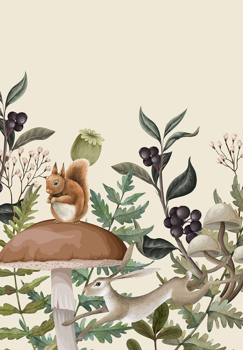 Bosdieren behang mural van creative lab amsterdam voor jongenskamer, meisjeskamer, speelkamer en babykamer.