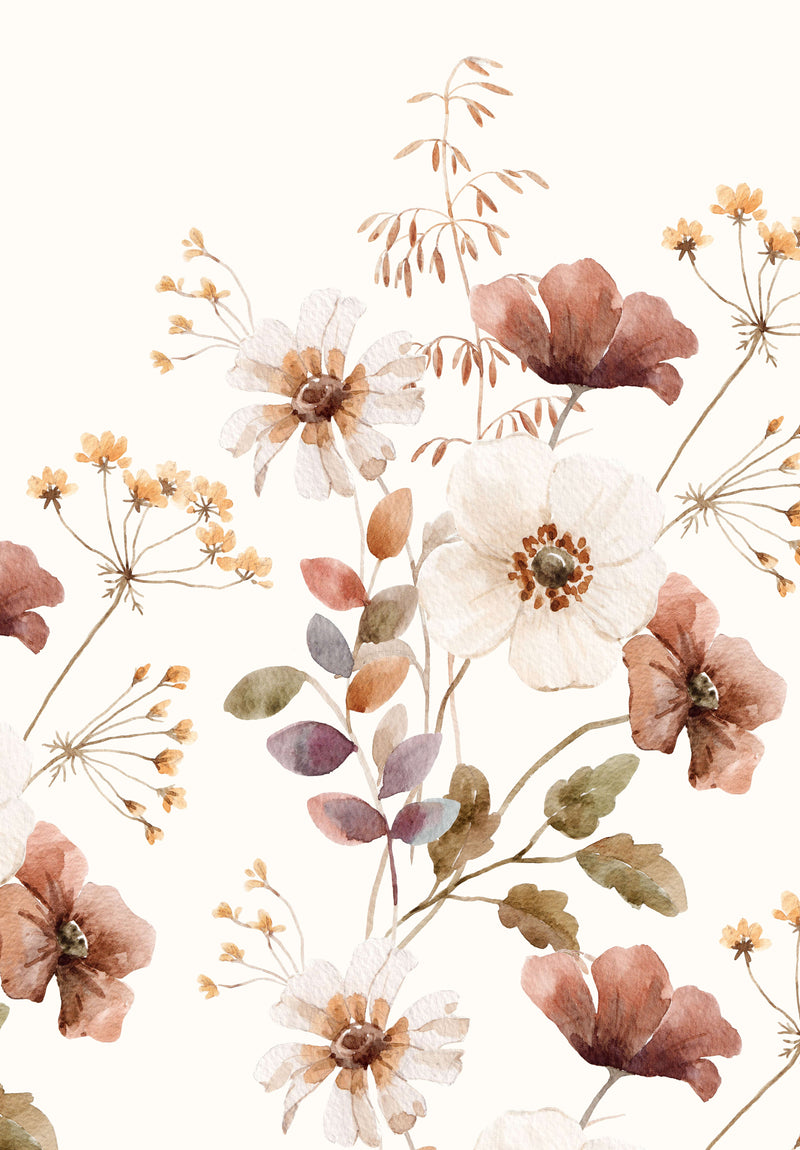 Dusty Flower van Creative Lab Amsterdam bloemen behang voor meisjeskamer en babykamer mural terra