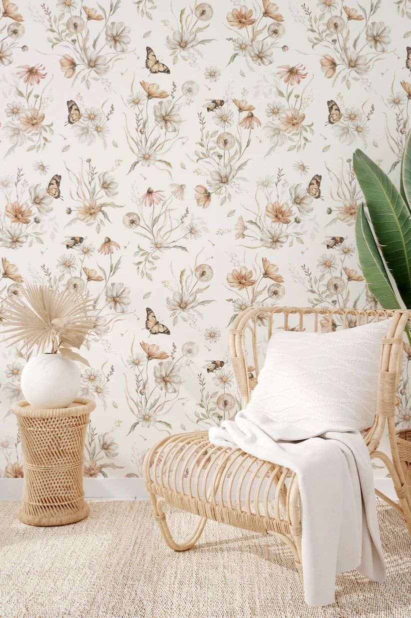 Matuu bloemenbehang kinderkamer Gouden Weide grote bloemen wit