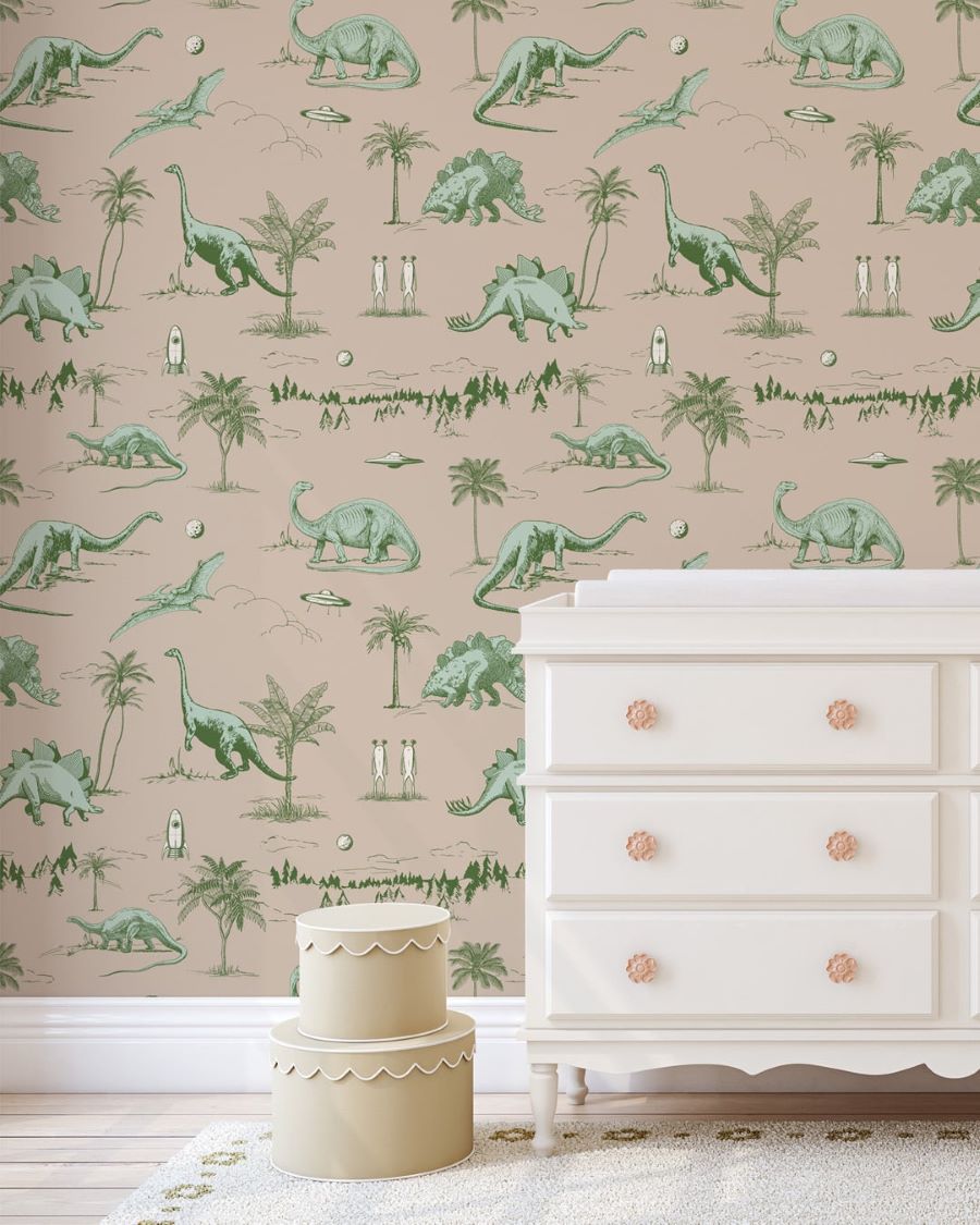 May and Fay Dino Planet dino behang voor de jongenskamer groen beige