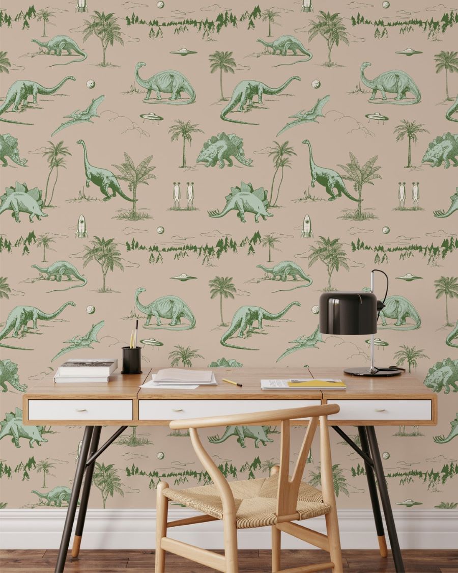 May and Fay Dino Planet dino behang voor de jongenskamer groen beige