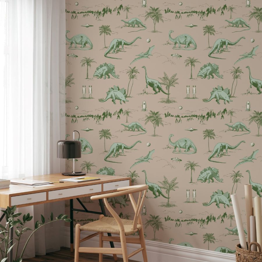 May and Fay Dino Planet dino behang voor de jongenskamer groen beige