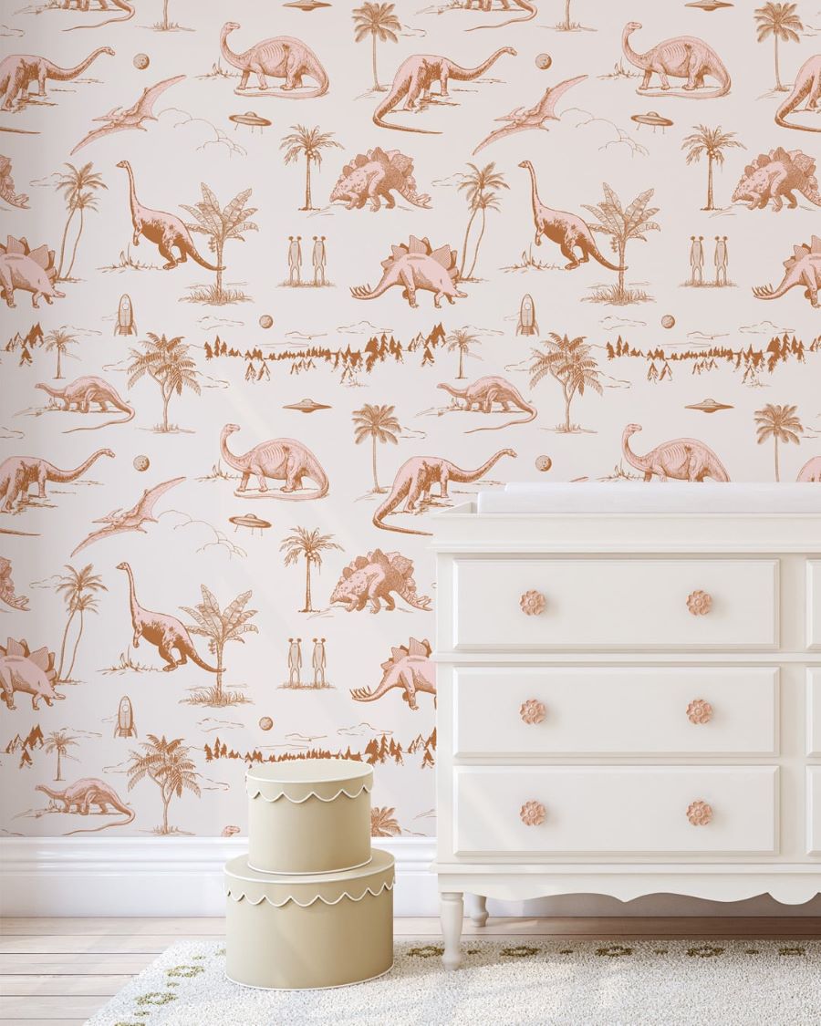 May and Fay Dino Planet dino behang voor de meisjeskamer roze beige
