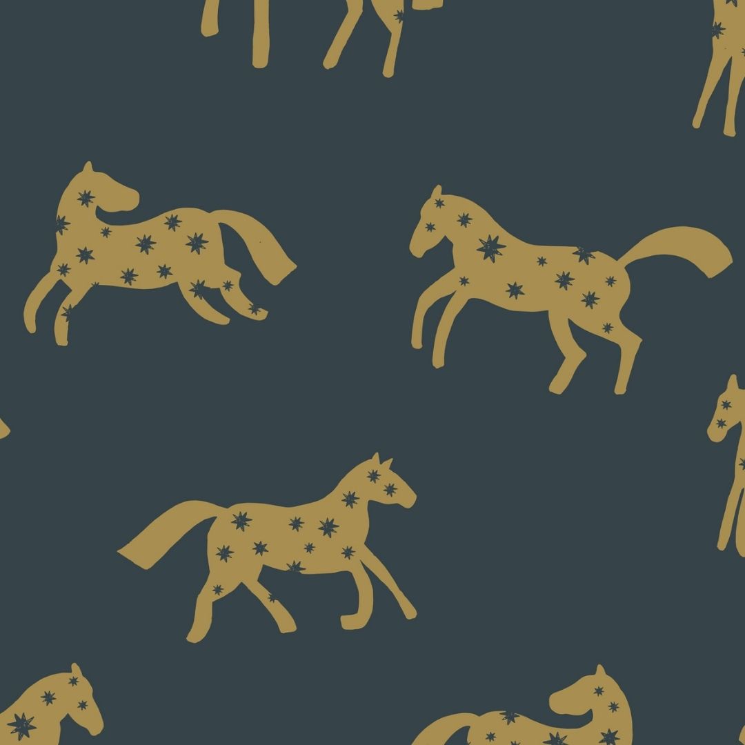 Joelle Wehkamp x Meet me at the wall magic horses paarden behang voor de kinderkamer meisjeskamer blauw goud
