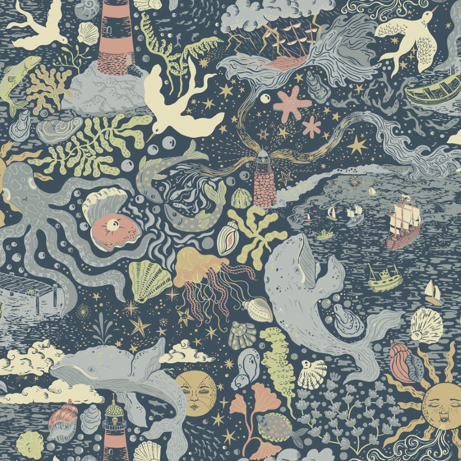 Havet Midbec uit Resan collectie kinderkamer behang zeedieren donkerblauw 29018