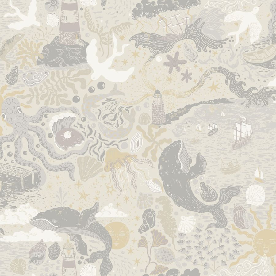 Havet Midbec uit Resan collectie kinderkamer behang zeedieren vergrijsd beige 29016
